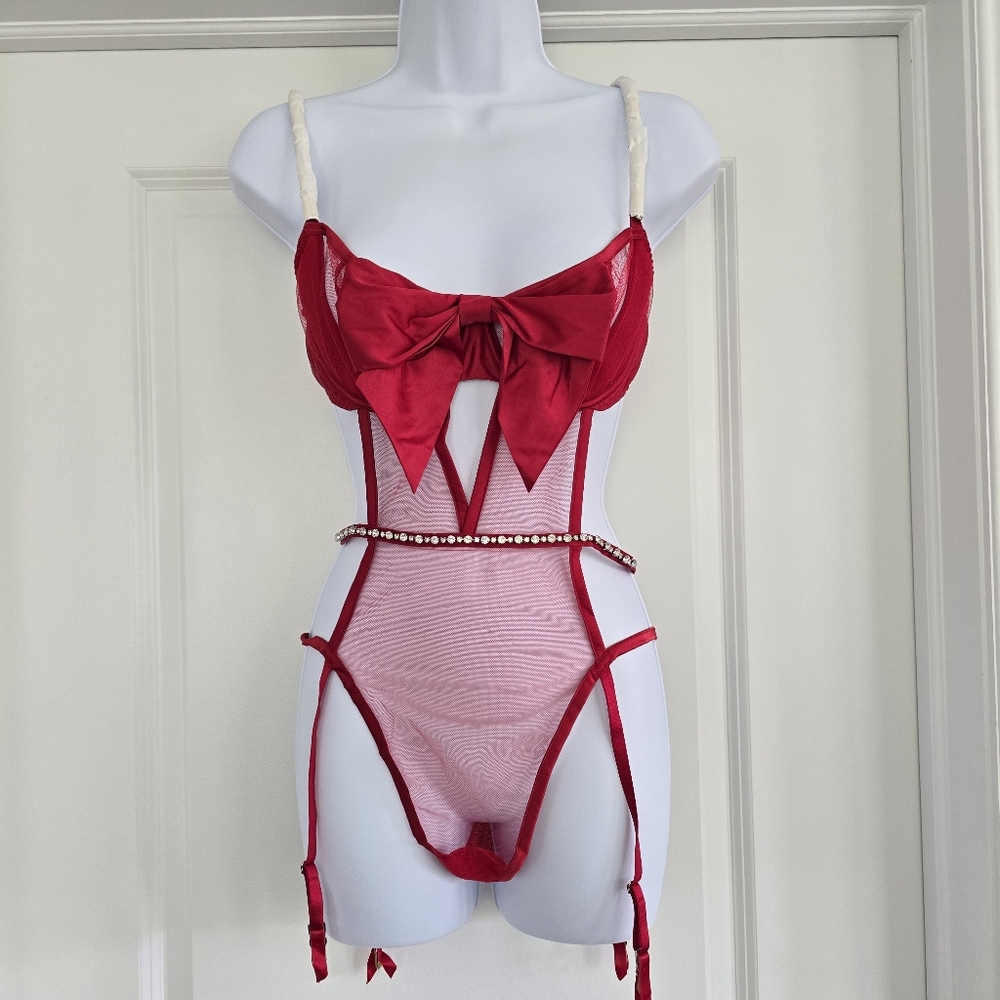 Victoria's Secret Red Lingerie Bodysuit with Bow and Rhinestones